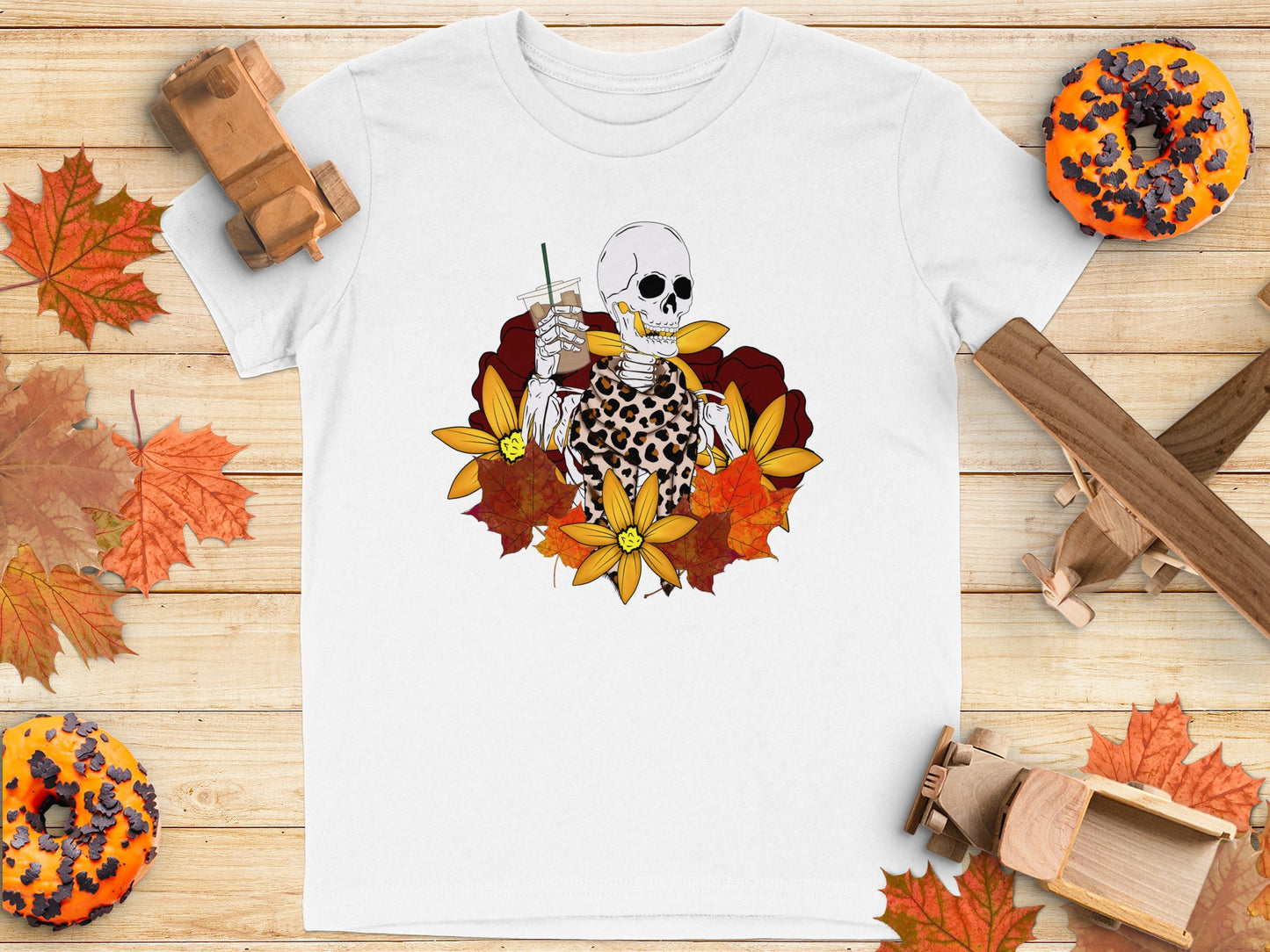 Skeleton Holding Drink with Flowers Design T-shirt product