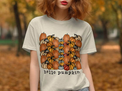 Hello Pumpkin Design T-shirt perfect for fall product type