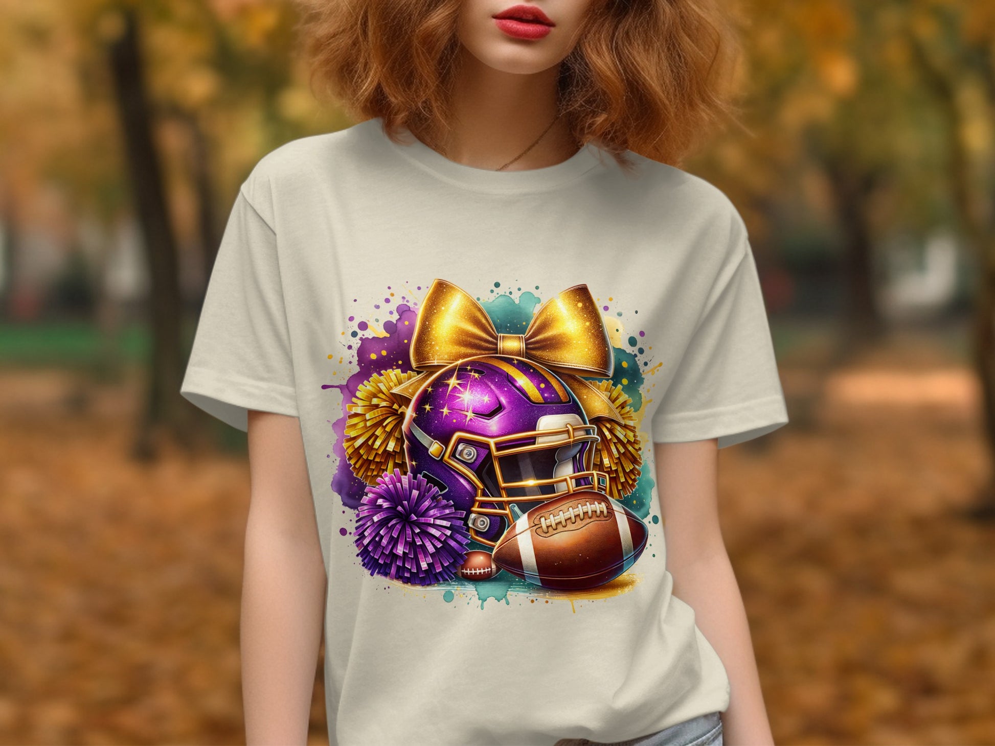 Vibrant football helmet and pom-poms graphic t-shirt product