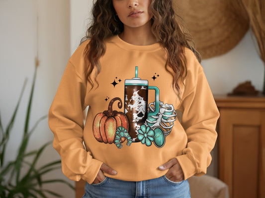 Cozy Autumn Pumpkin and Coffee Graphic Sweatshirt product