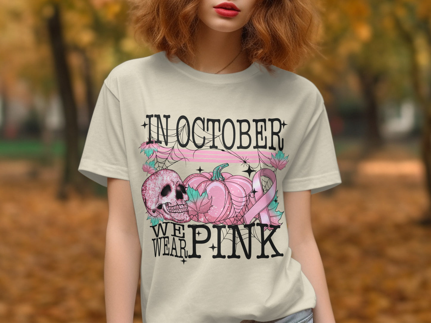 In October We Wear Pink Skull Pumpkin Graphic T-Shirt product type