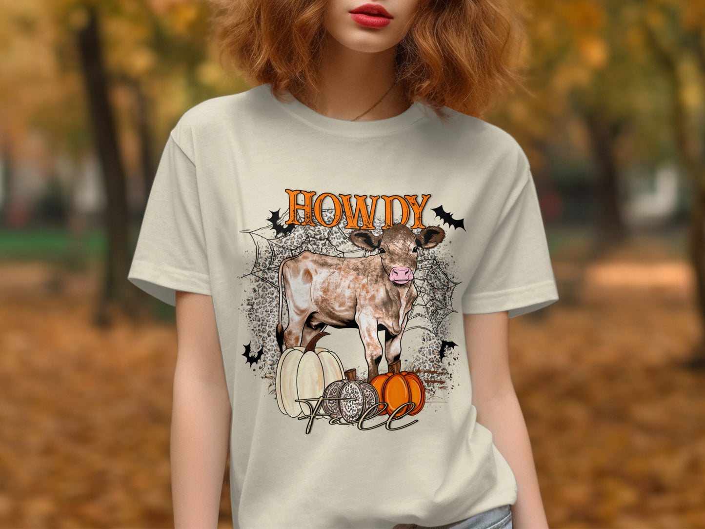 Howdy Fall Cow with Pumpkins and Bats Design T-shirt product