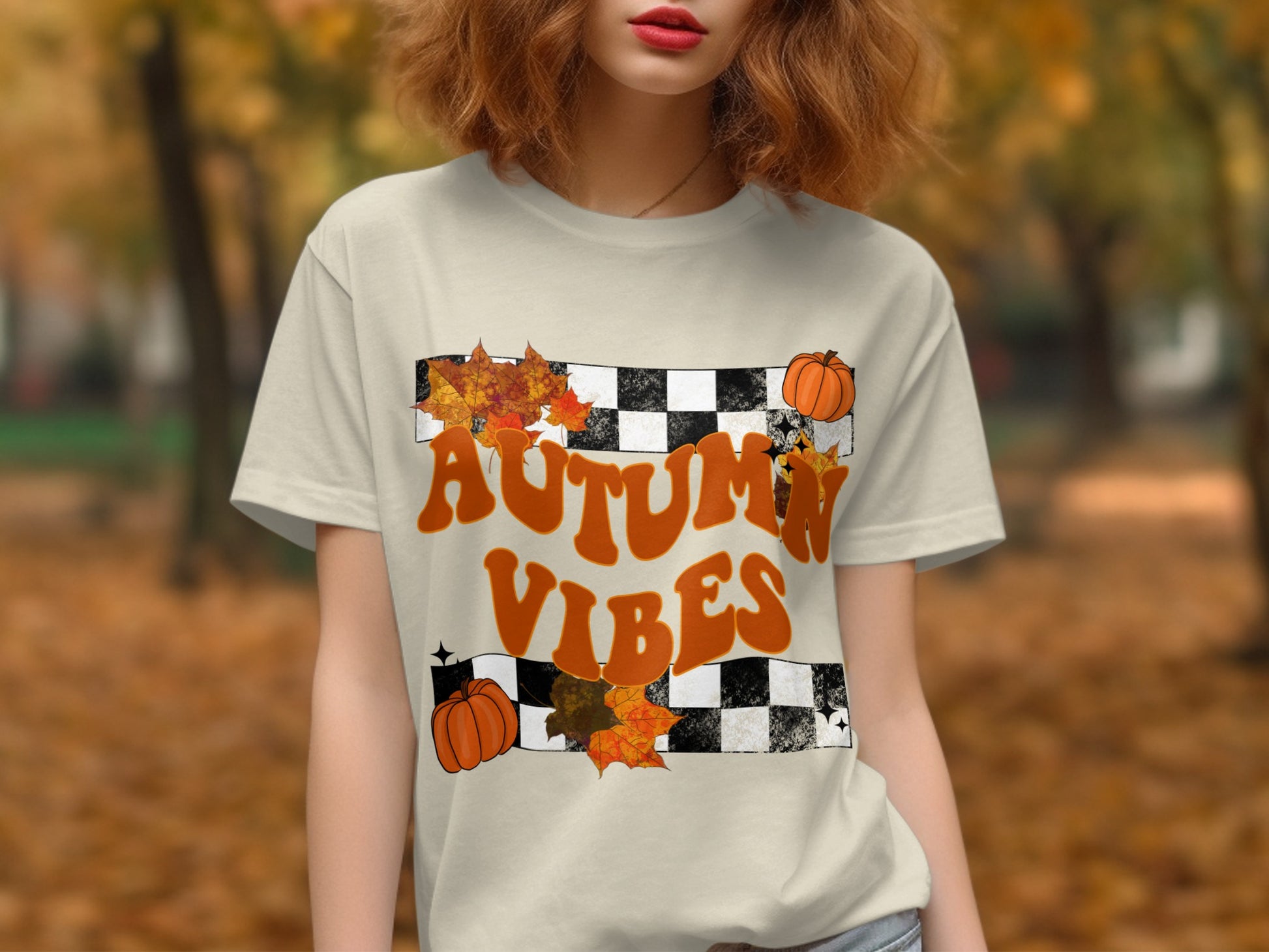 Autumn Vibes Checkerboard Pumpkins Graphic T-Shirt product