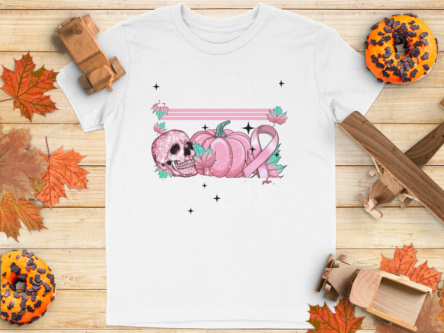 Pink October Skull Pumpkin Ribbon Graphic T-Shirt product