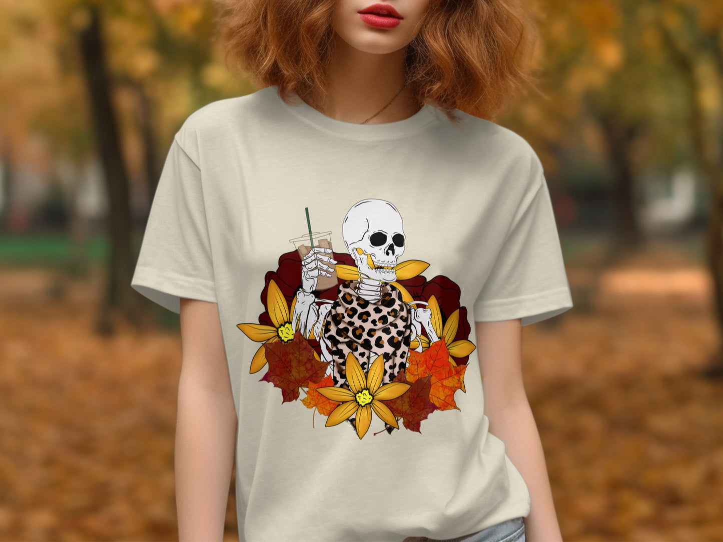 Skeleton in Leopard Print Autumn Themed Shirt product