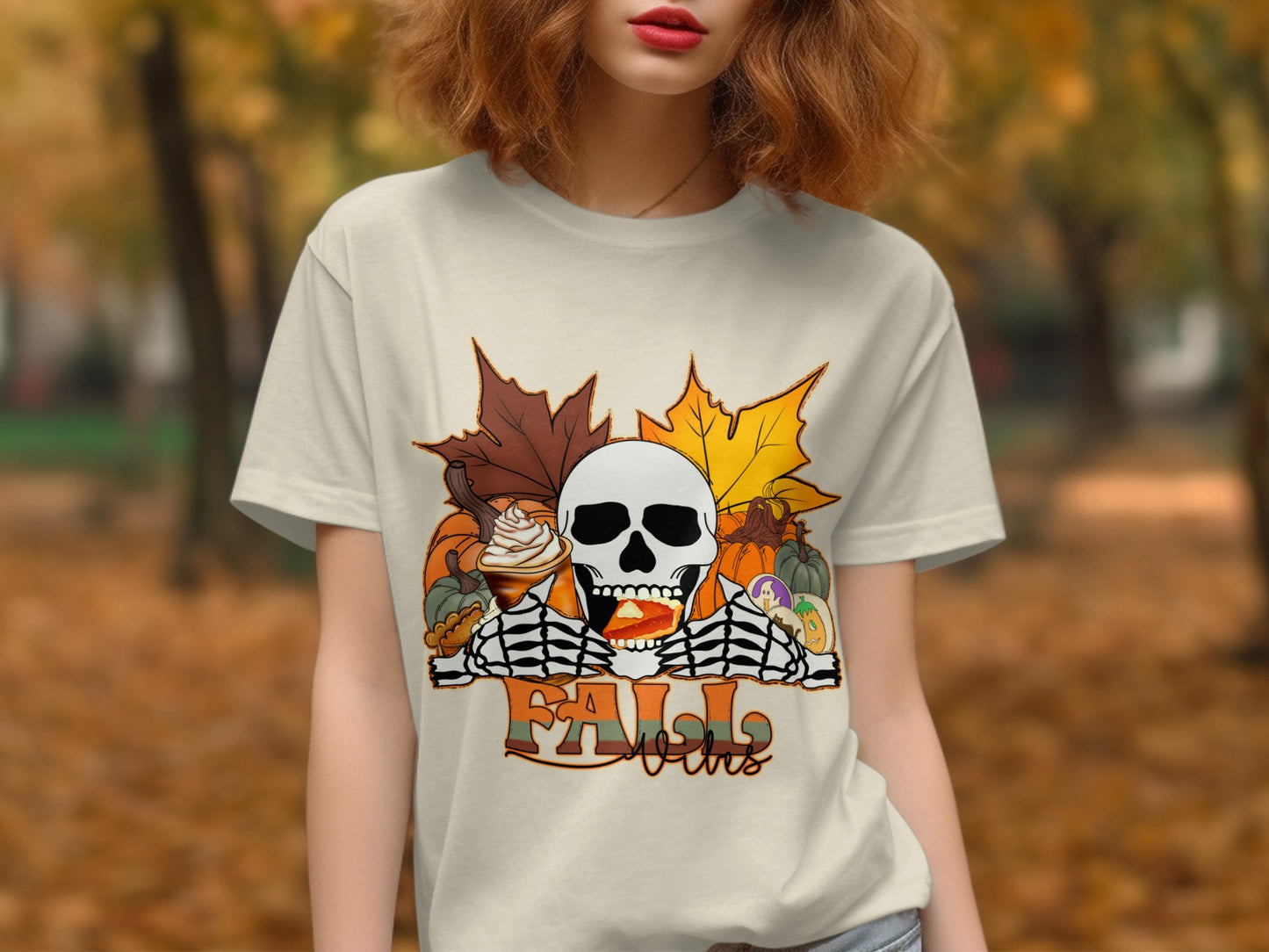 Fall Vibes Skull and Leaves Design T-Shirt product type
