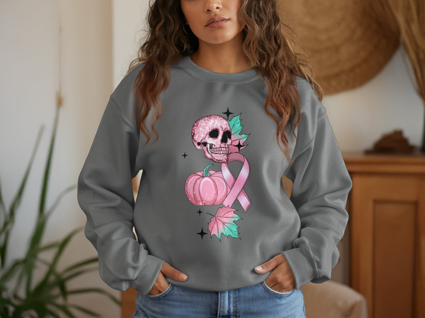 Pink Skull Pumpkin Ribbon Leaves Graphic Sweatshirt product