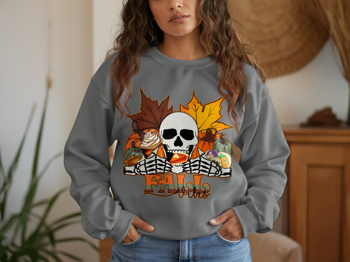 Skull and Leaves Pumpkin Design Fall Sweatshirt product