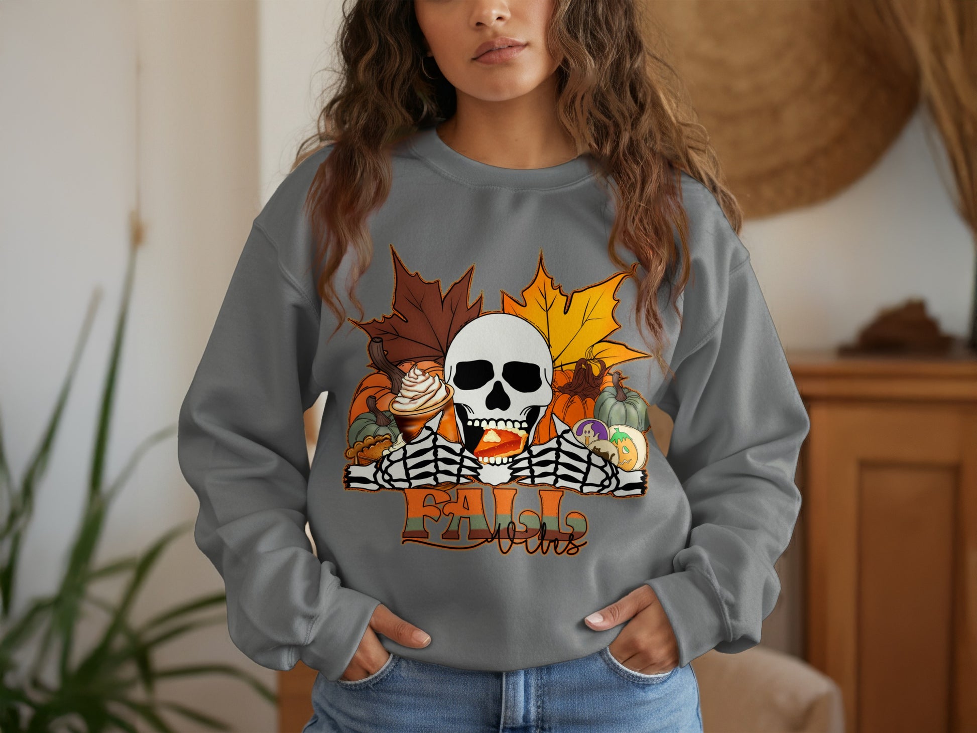 Skull and Leaves Pumpkin Design Fall Sweatshirt product