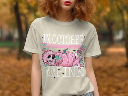 In October We Wear Pink Skull Pumpkin T-shirt product