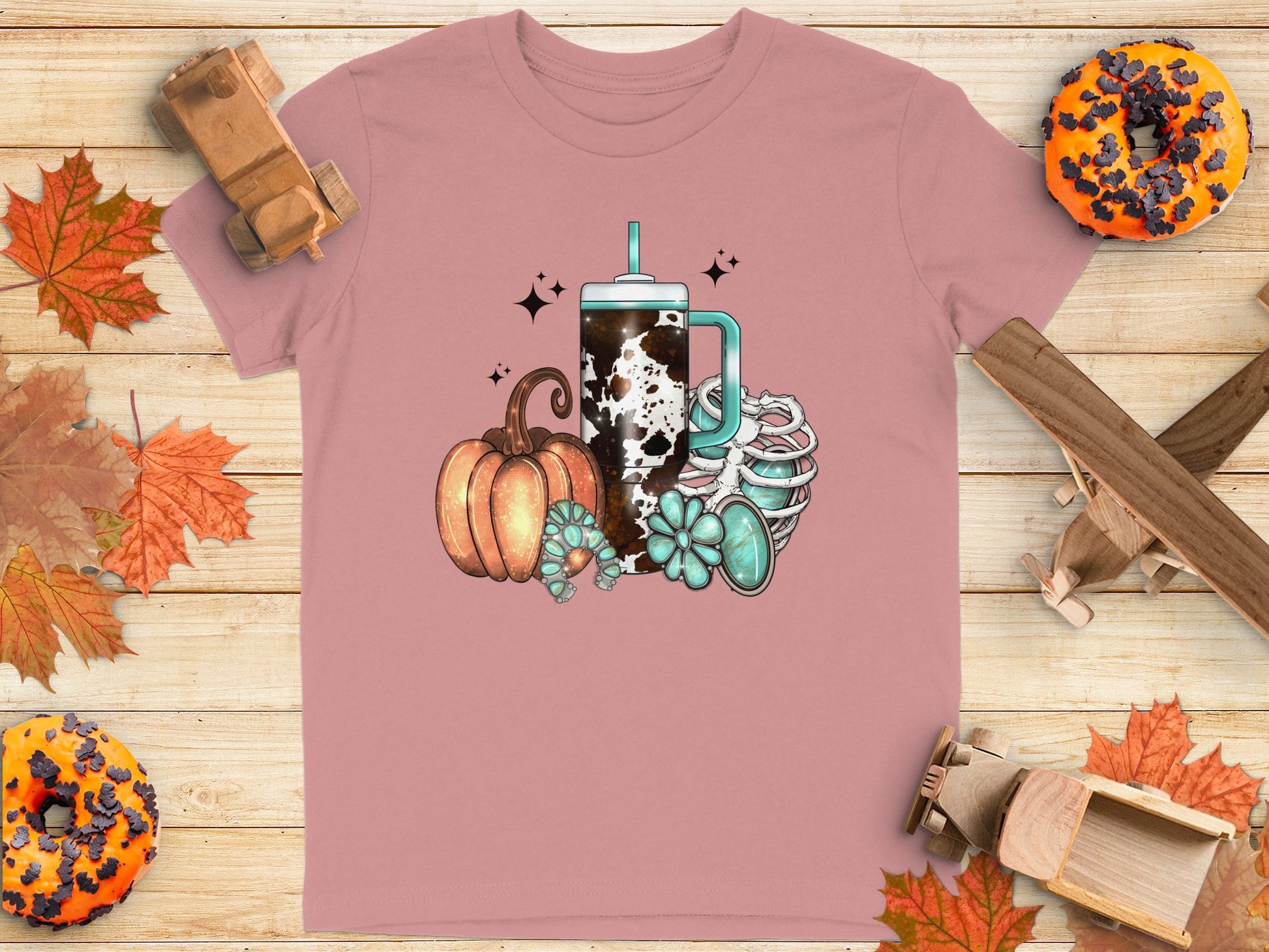 Autumn Pumpkin Cow Print Skeleton Graphic Tee product