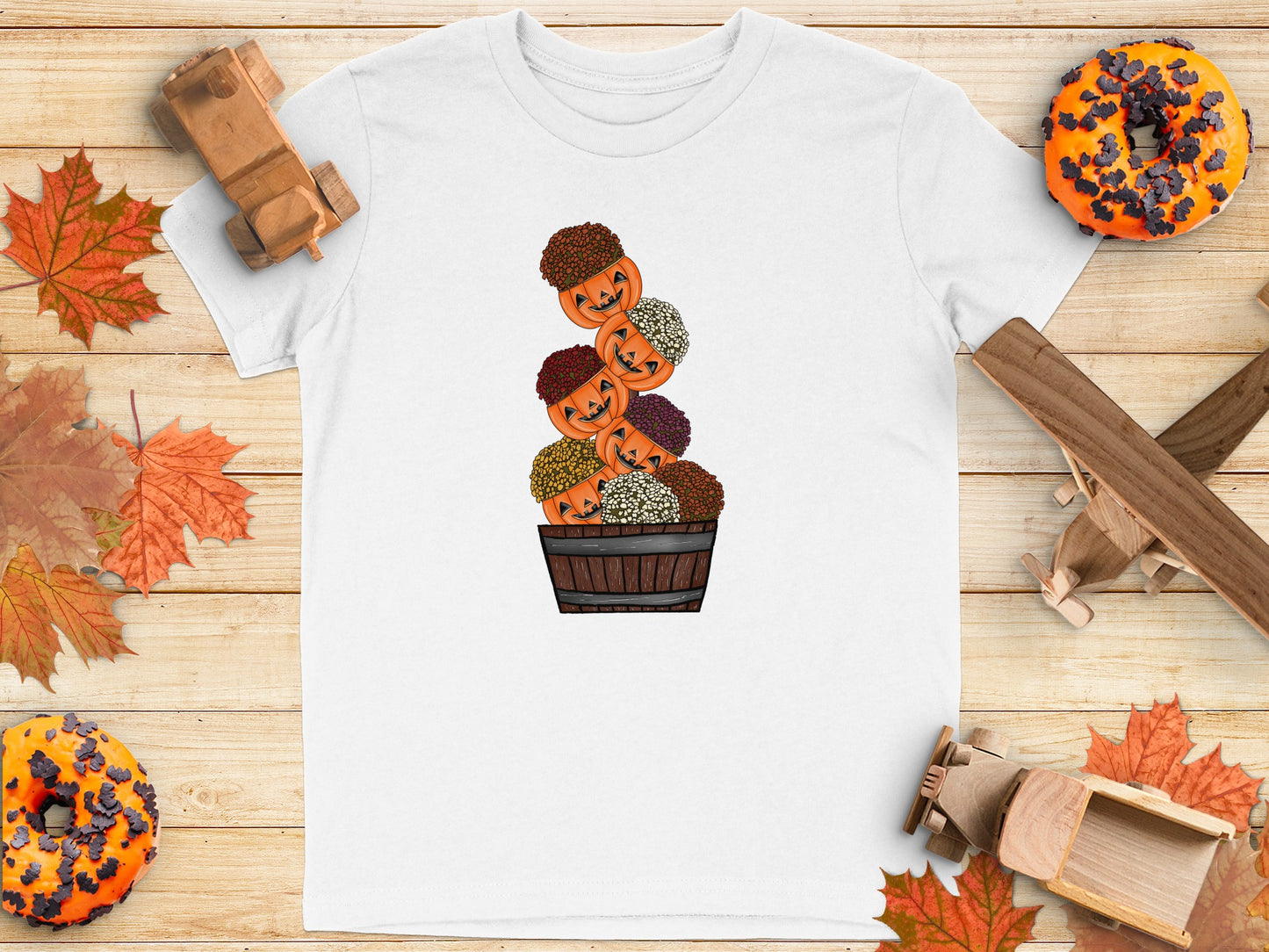 Pumpkin Faces in Wooden Basket with Pops T-Shirt