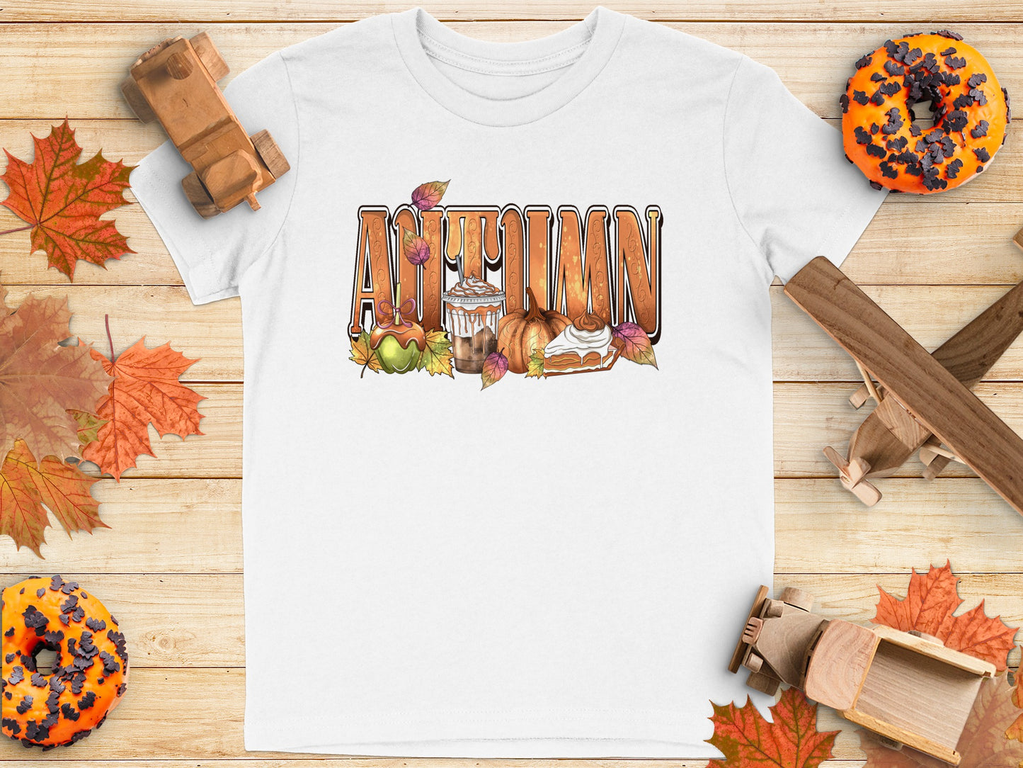 Autumn Sweets and Leaves Design White T-shirt product type
