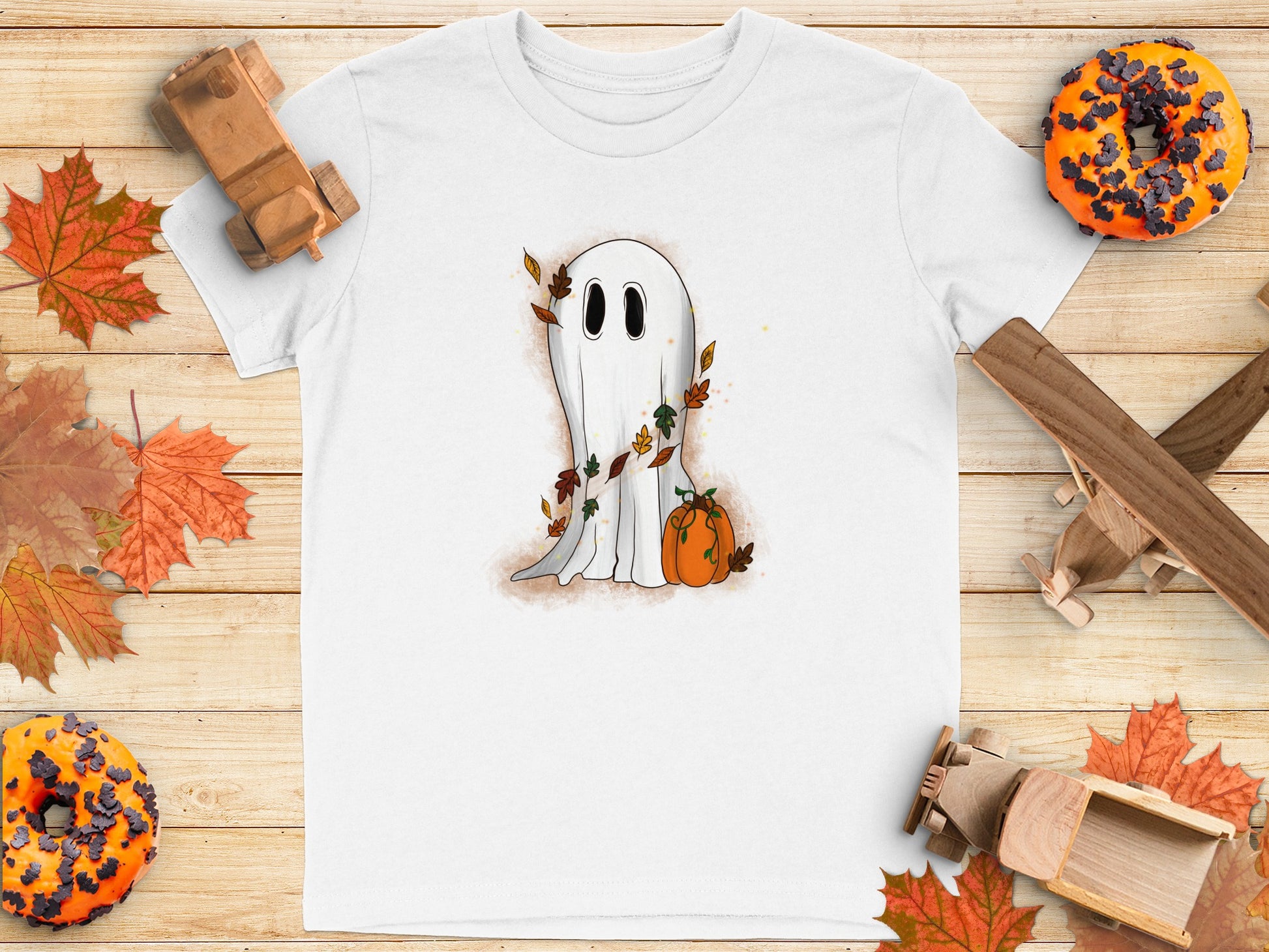 Adorable Ghost with Pumpkin and Leaves T-Shirt Product