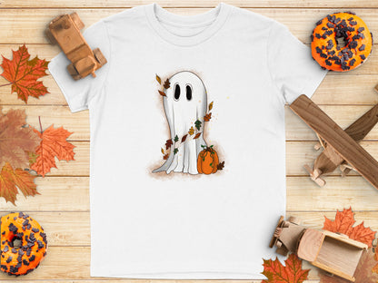 Adorable Ghost with Pumpkin and Leaves T-Shirt Product