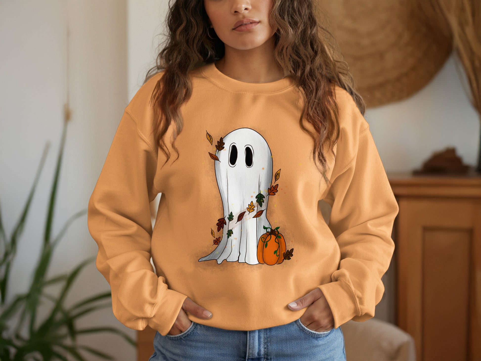 Cute Ghost with Leaves Halloween Sweatshirt product