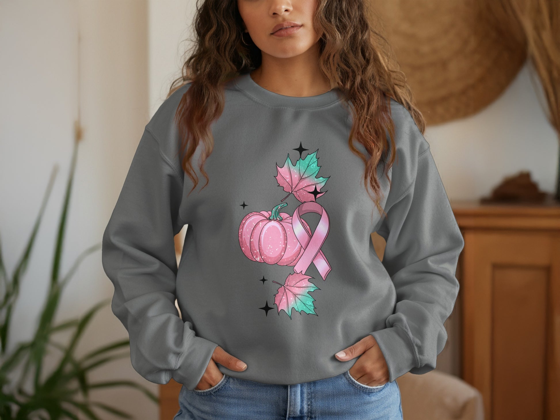 Stylish Pink Ribbon Pumpkin Graphic Sweatshirt product